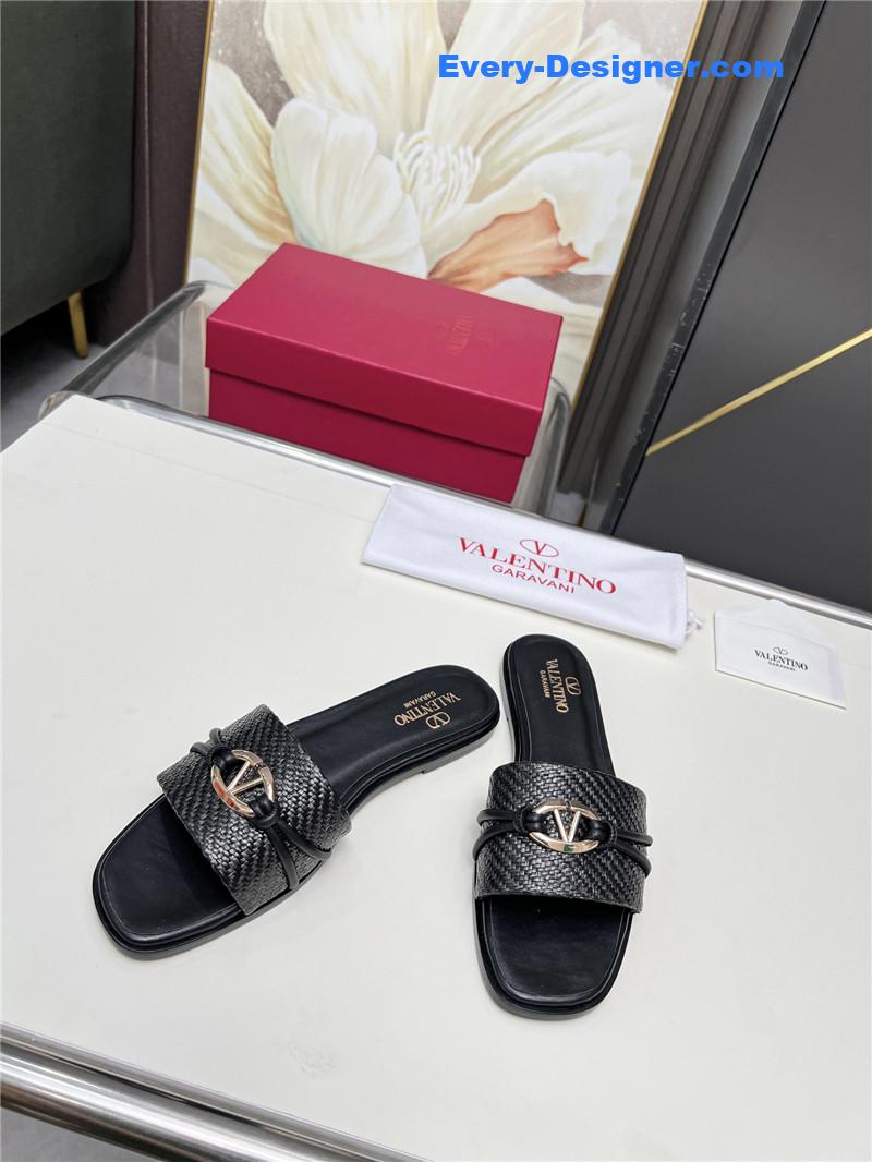 Va1e*ntin0 vlogo raffia leather slides black