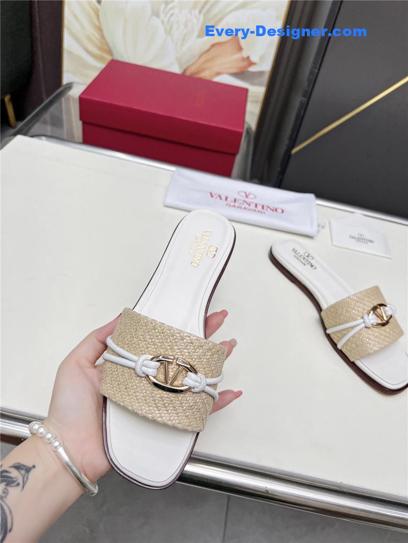 Va1e*ntin0 vlogo raffia leather slides natural
