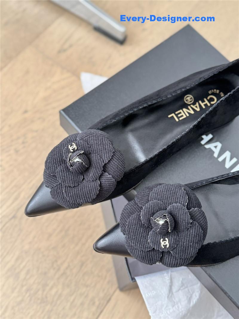 Ch**el camellia black suede flat pumps