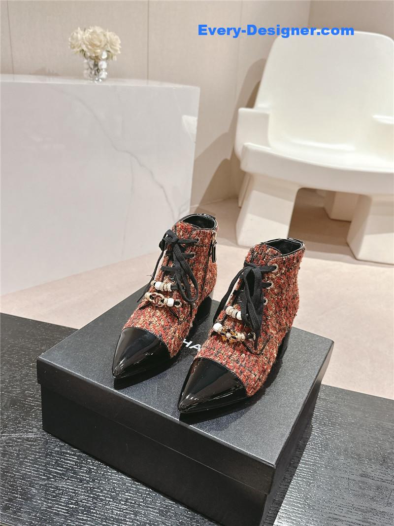 Ch**el pointed toe chunky heel burgundy tweed ankle boots