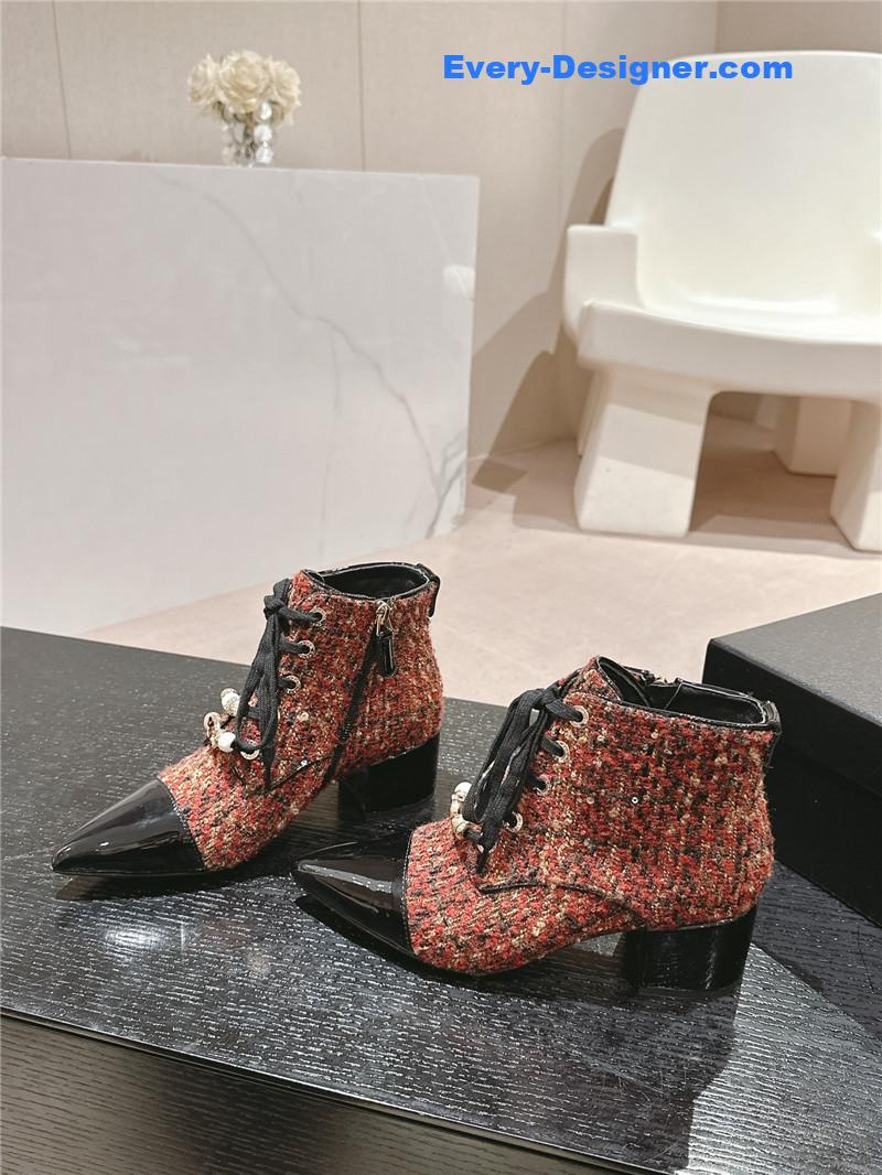 Ch**el pointed toe chunky heel burgundy tweed ankle boots
