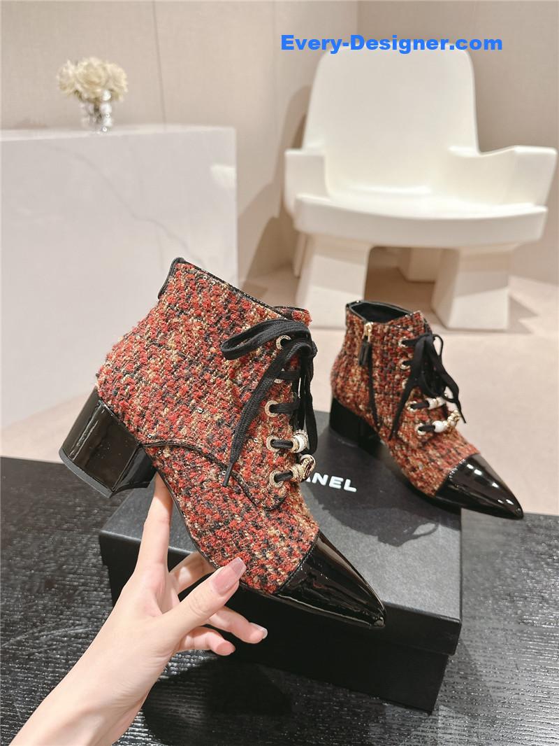 Ch**el pointed toe chunky heel burgundy tweed ankle boots