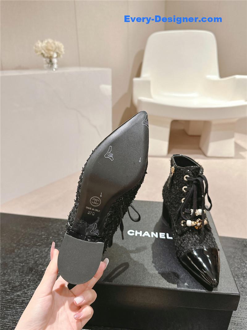 Ch**el pointed toe chunky heel tweed ankle boots