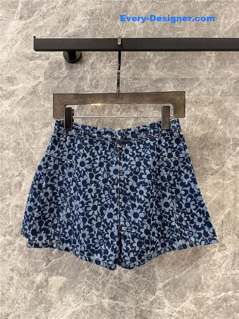 Ch**el floral logo print denim a-line shorts replicas clothes