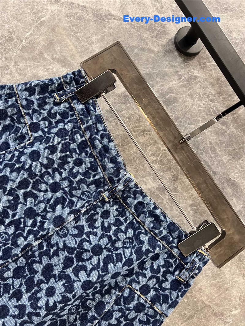 Ch**el floral logo print denim a-line shorts replicas clothes