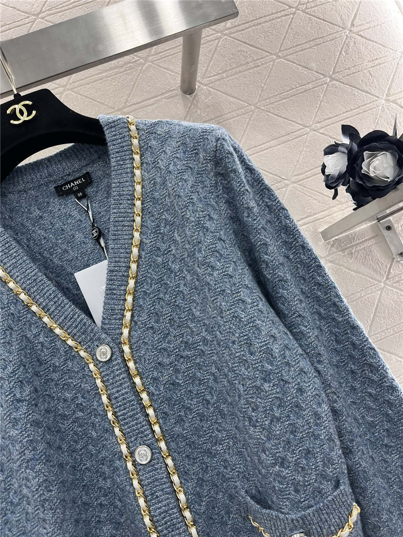 Ch**el v-neck chain-trim texture cardigan blue