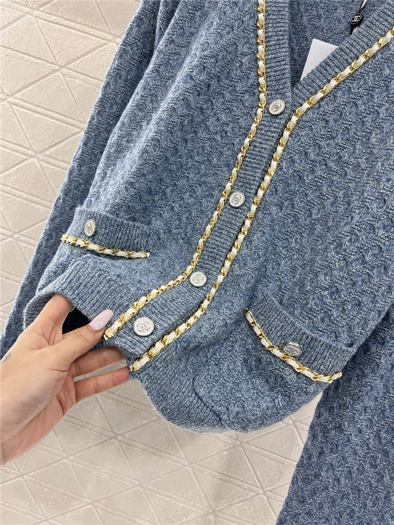 Ch**el v-neck chain-trim texture cardigan blue