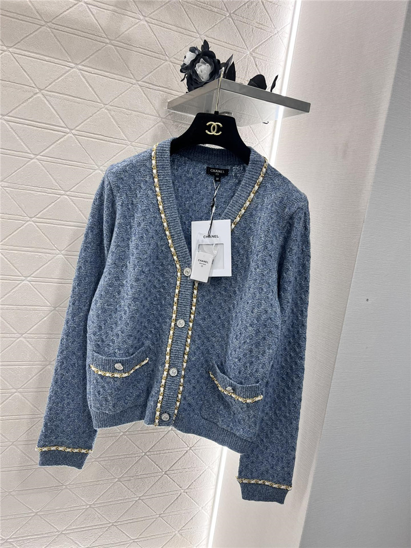 Ch**el v-neck chain-trim texture cardigan blue