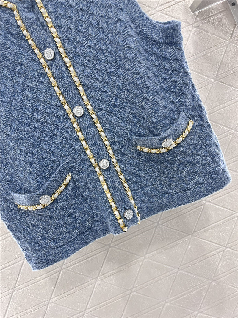 Ch**el crewneck chain-trim cardigan vest in blue
