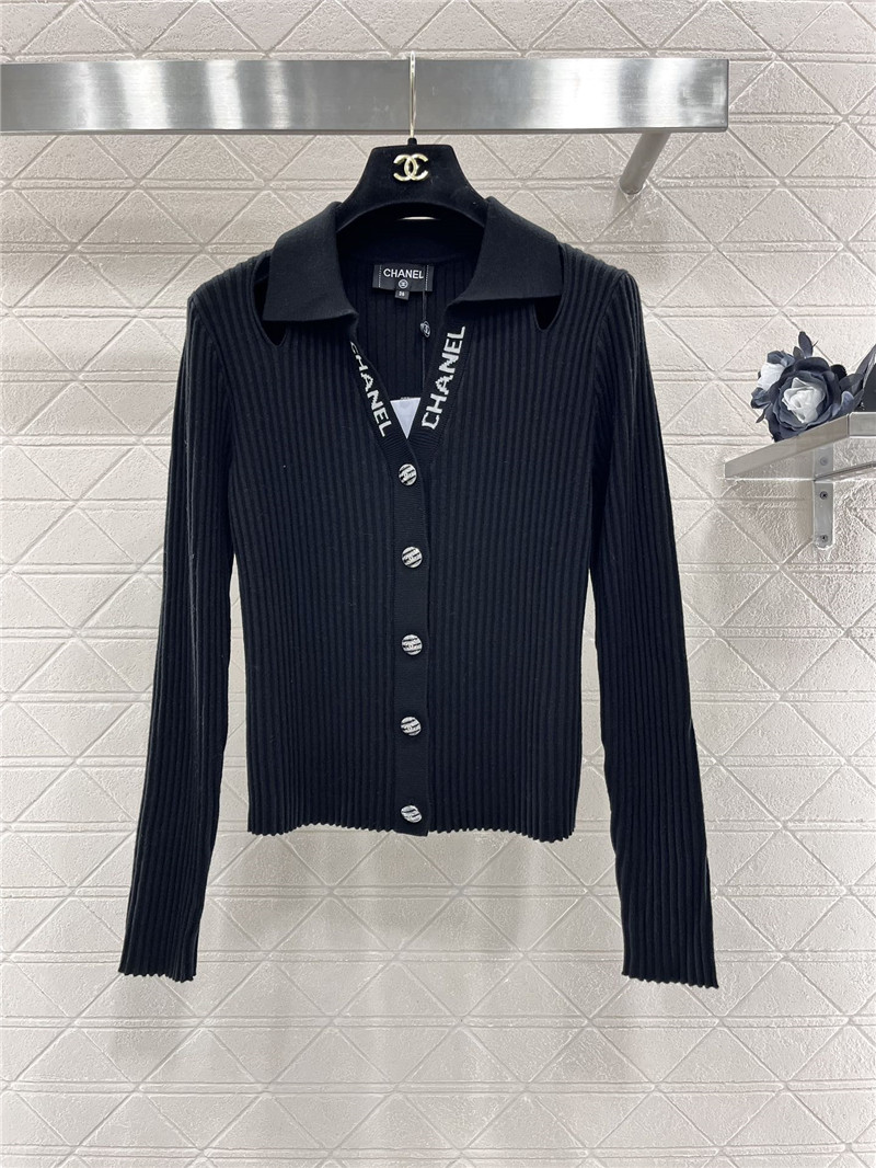 Ch**el logo-intarsia ribbed polo cardigan black