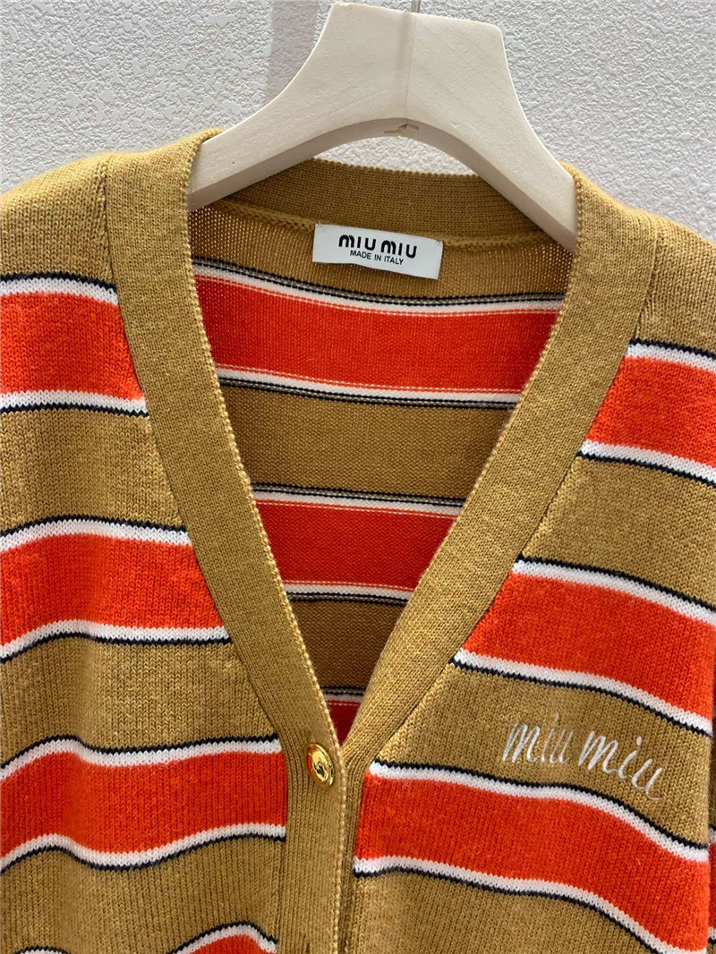 Miu Miu V-neck Striped Cardigan Beige/Orange