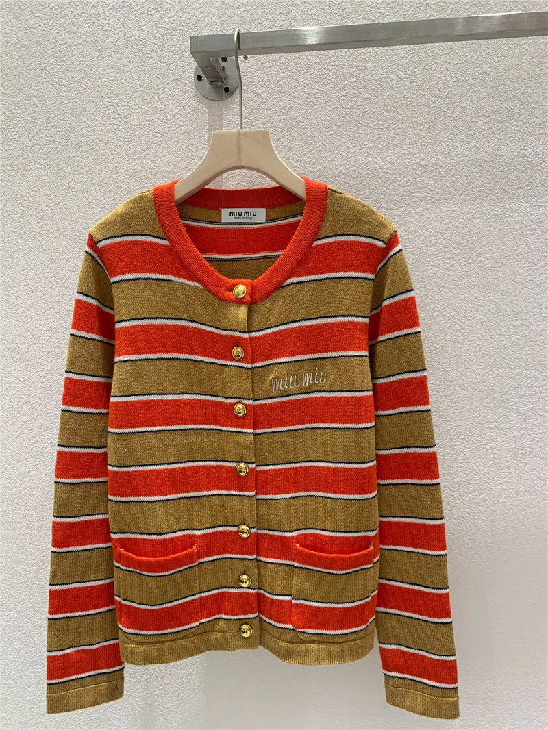 Miu Miu Crewneck Striped Cardigan Beige/Orange