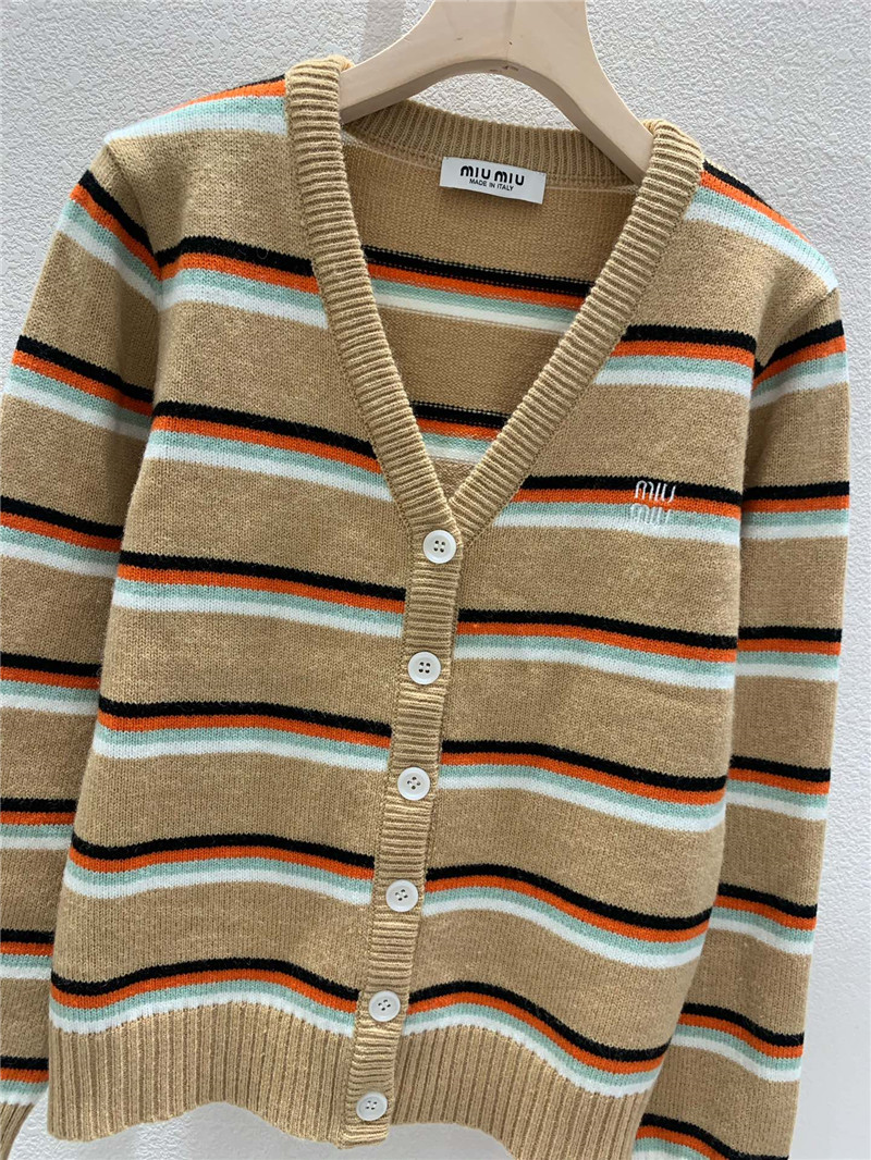 Miu Miu Multicolor Striped V-Neck Cardigan Beige