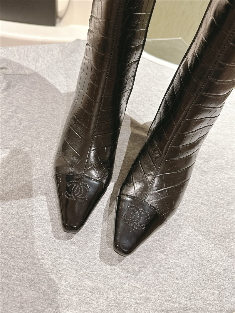 Ch**el pointed toe crocodile knee-high boots