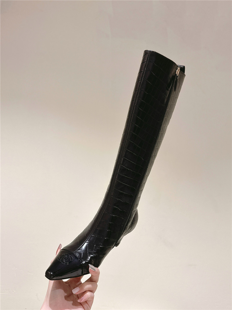 Ch**el pointed toe crocodile knee-high boots