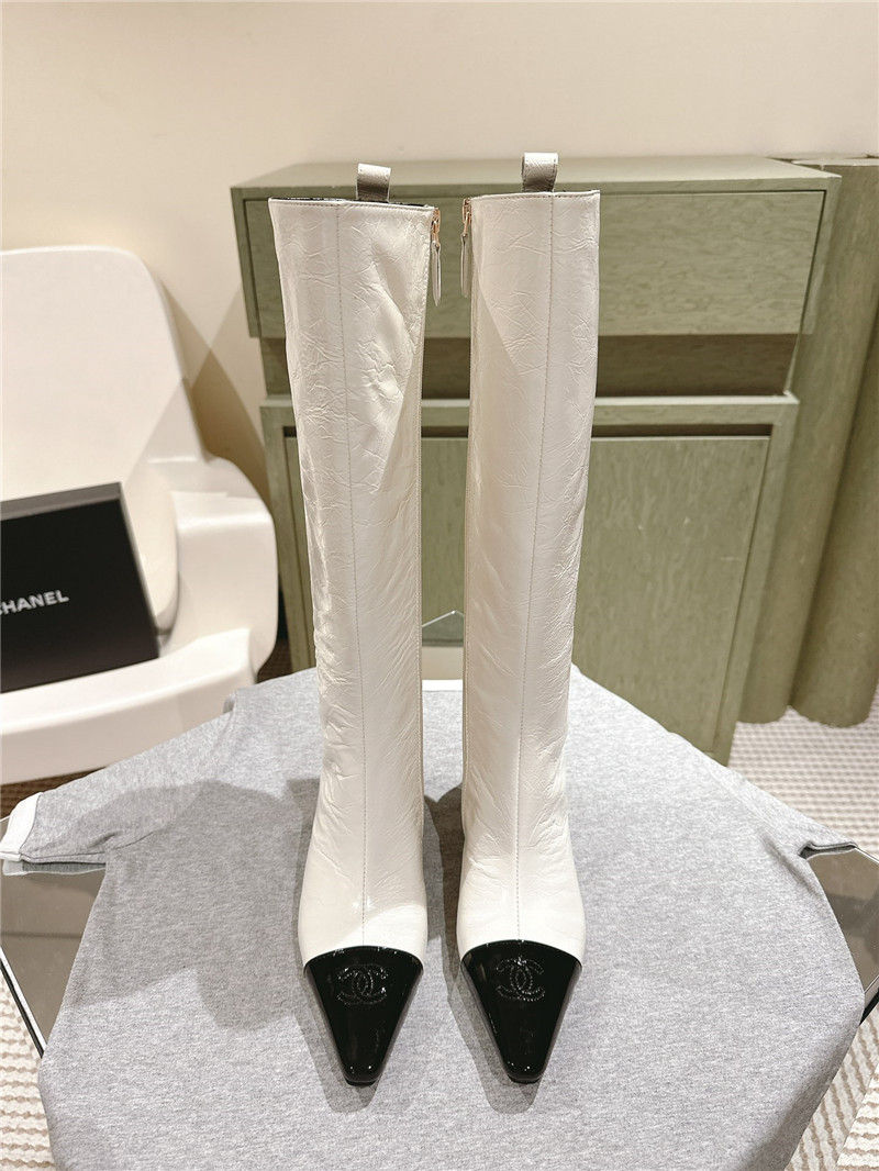 Ch**el pointed white oil-wax leather knee-high boots