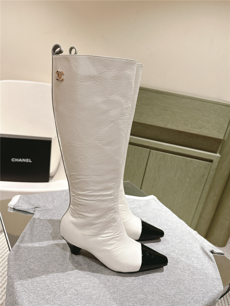 Ch**el pointed white oil-wax leather knee-high boots