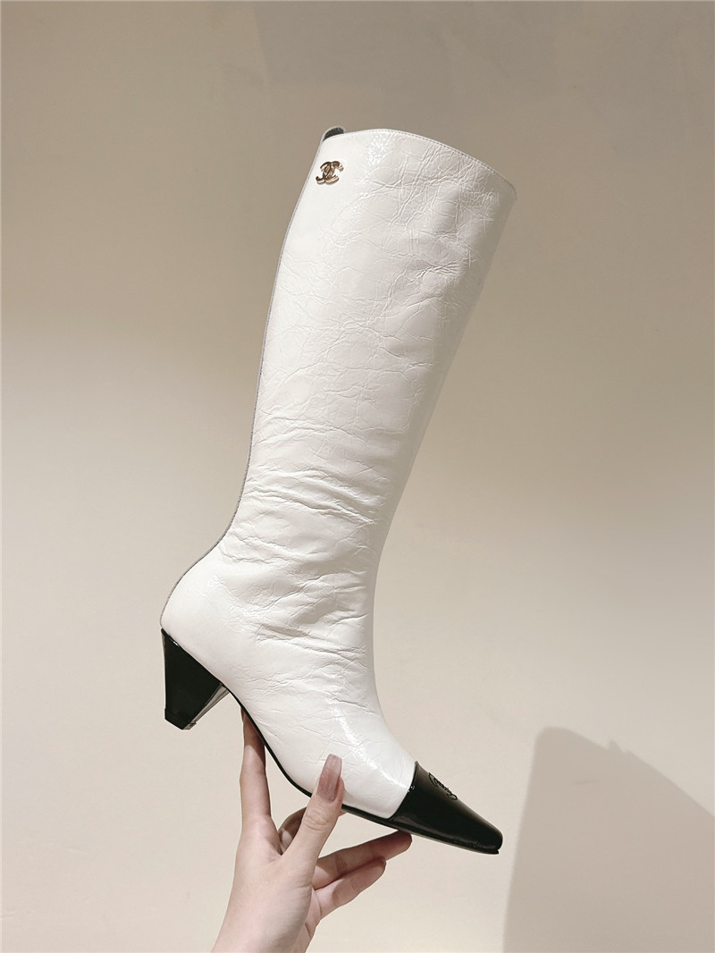 Ch**el pointed white oil-wax leather knee-high boots