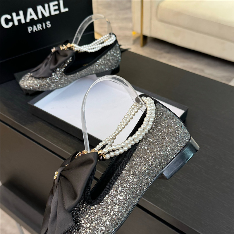 Ch**el bow pearl ankle mary jane flats silver glitter