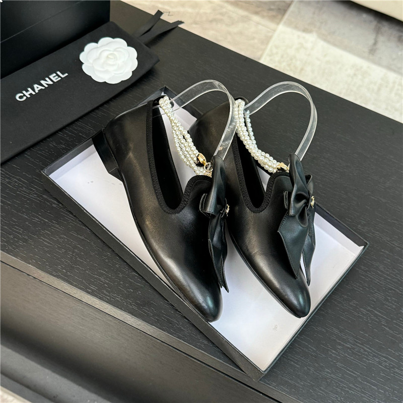 Ch**el bow pearl ankle mary jane flats black calfskin