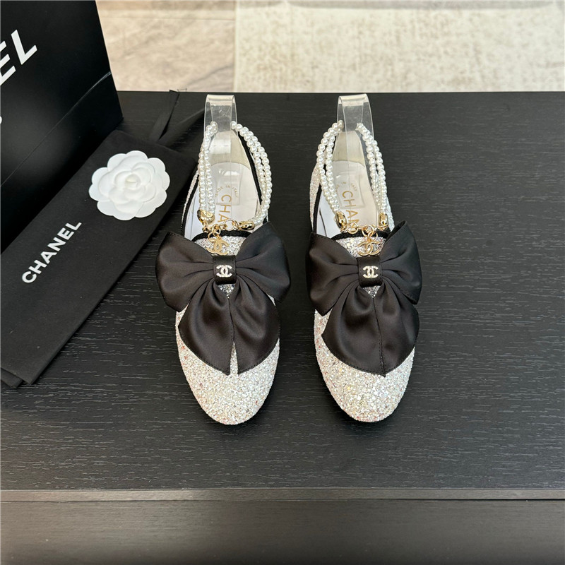 Ch**el bow pearl ankle mary jane flats natural glitter