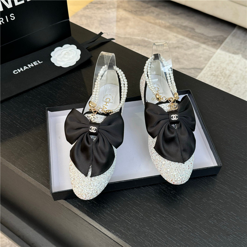 Ch**el bow pearl ankle mary jane flats natural glitter