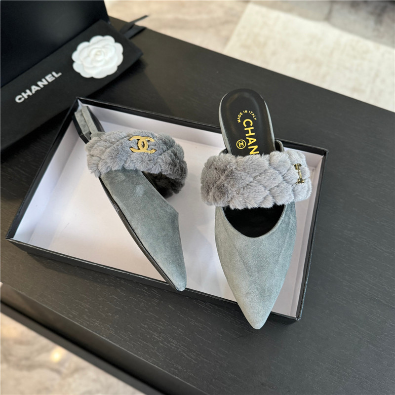 Ch**el fur strap pointed flat mule grey suede