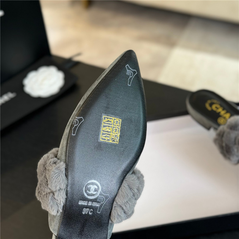 Ch**el fur strap pointed flat mule grey suede