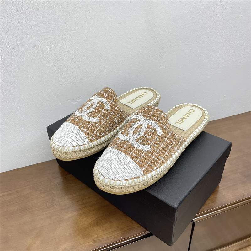 Ch**el espadrille mules in beige/white tweed with sequins