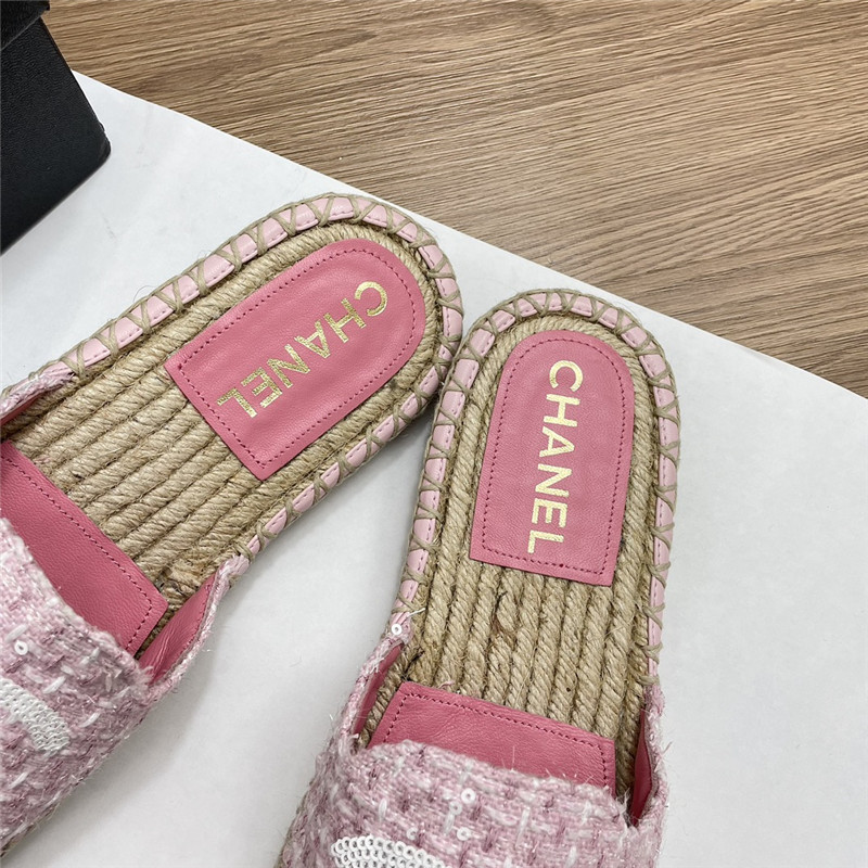 Ch**el espadrille mules in pink/white tweed with sequins