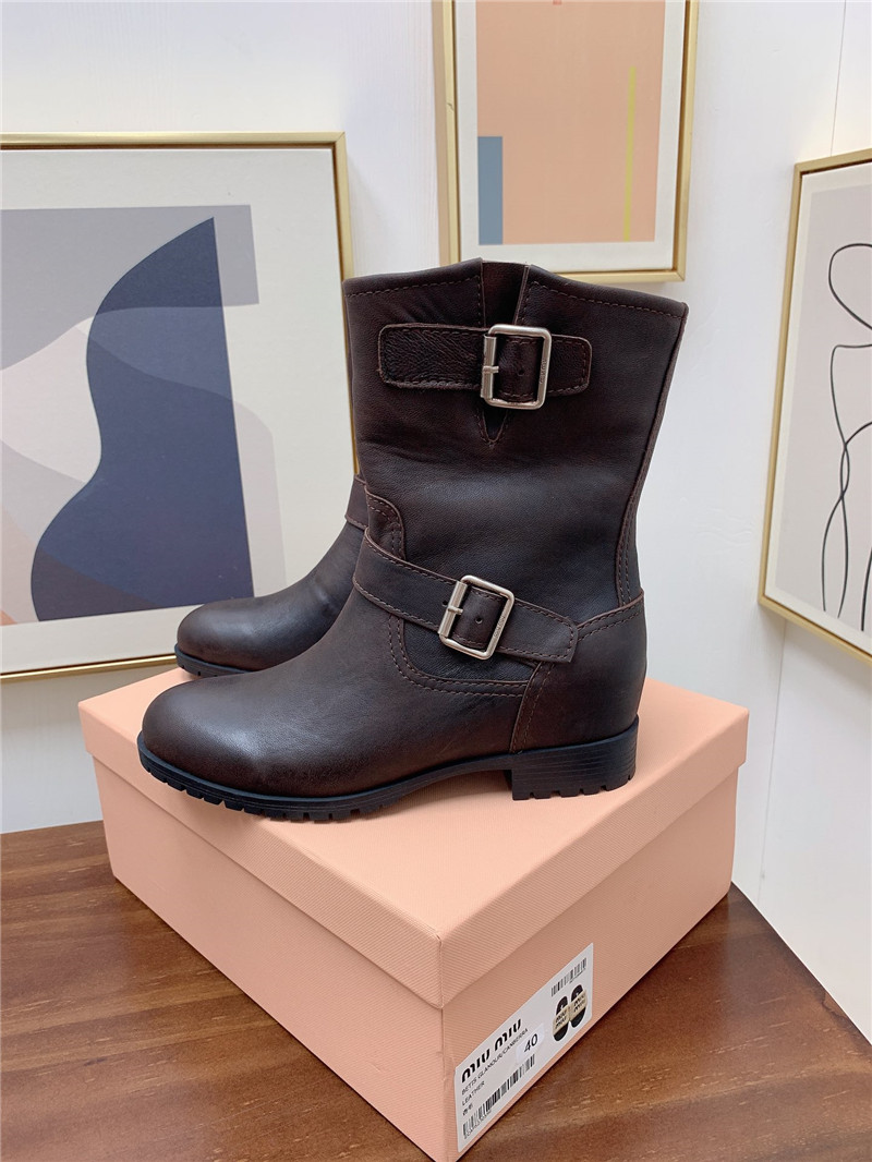 Miu Miu Calfskin Chunky Buckle Biker Boots