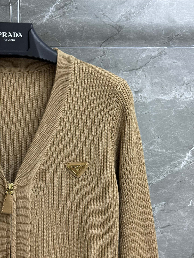 Pra*a v-neck triangle-logo rib cardigan beige