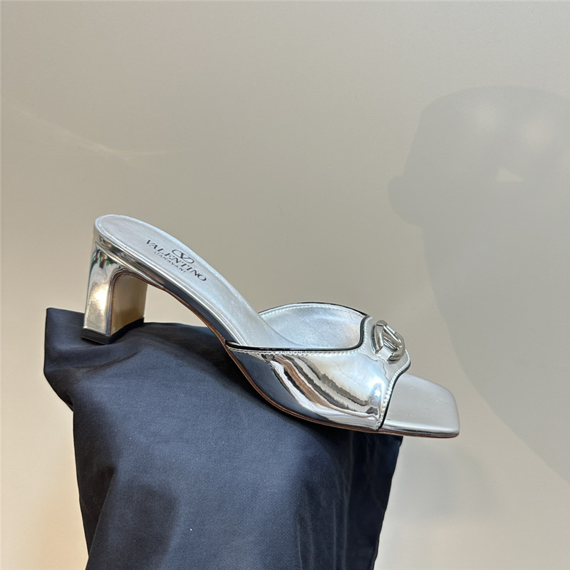 Va1e*ntin0 vlogo locker mules in silver mirrored calfskin