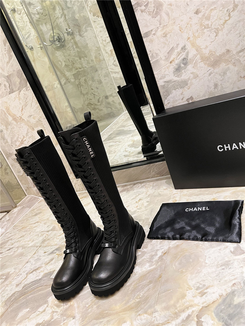 Ch**el lace-up knitted calfskin knee-high boots