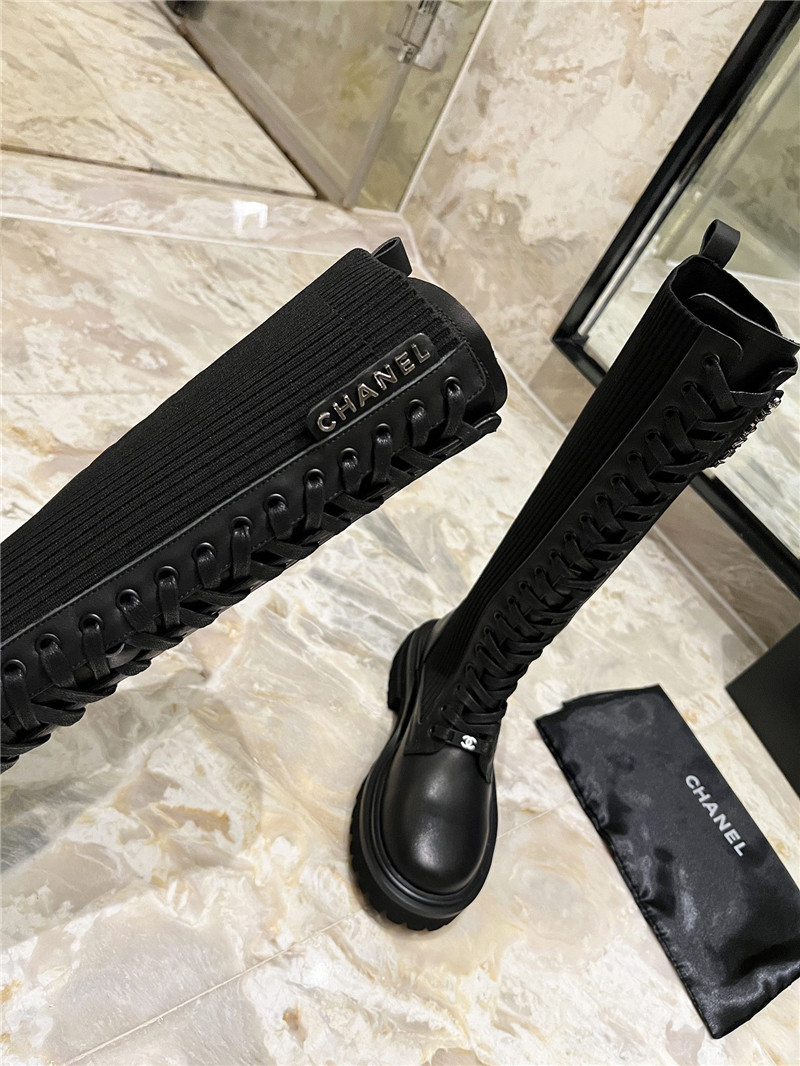 Ch**el lace-up knitted calfskin knee-high boots