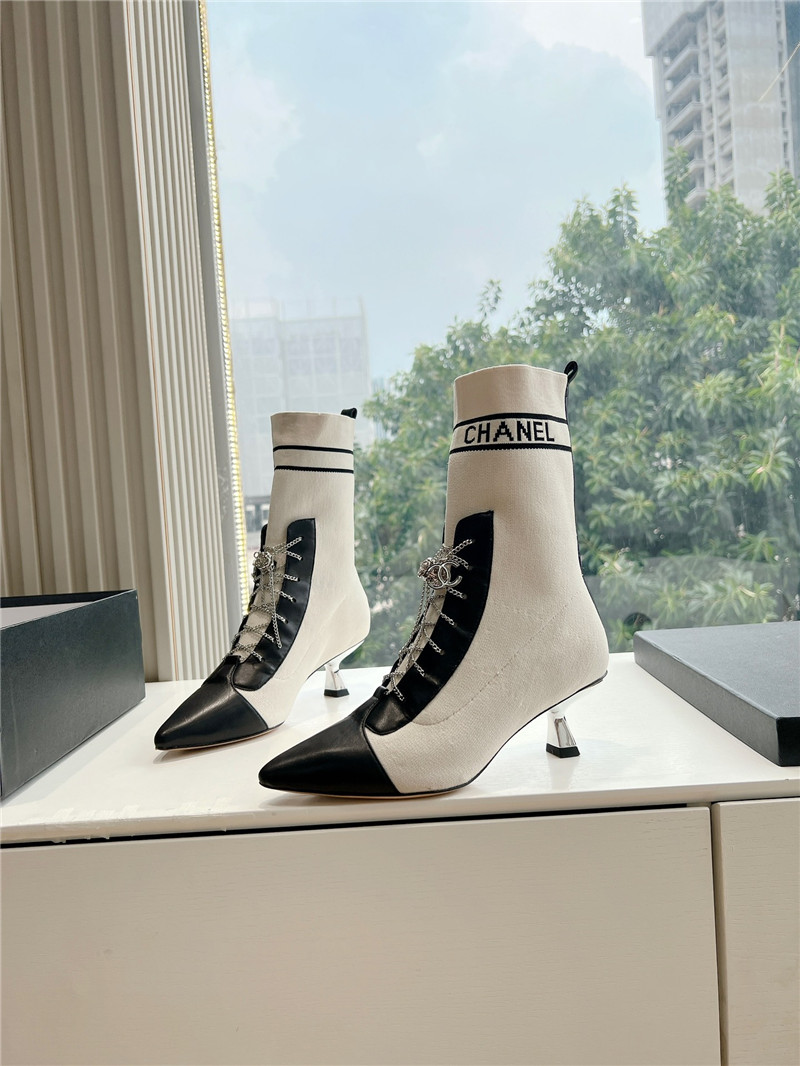Ch**el white calfskin knit lace-up ankle boots