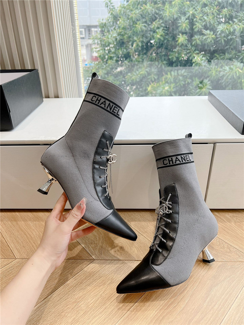 Ch**el gray knit lace-up ankle boots