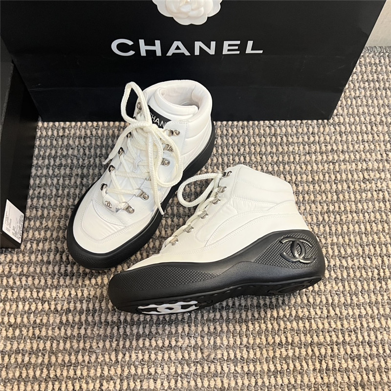 Ch**el white calfskin nylon lace up snow boots