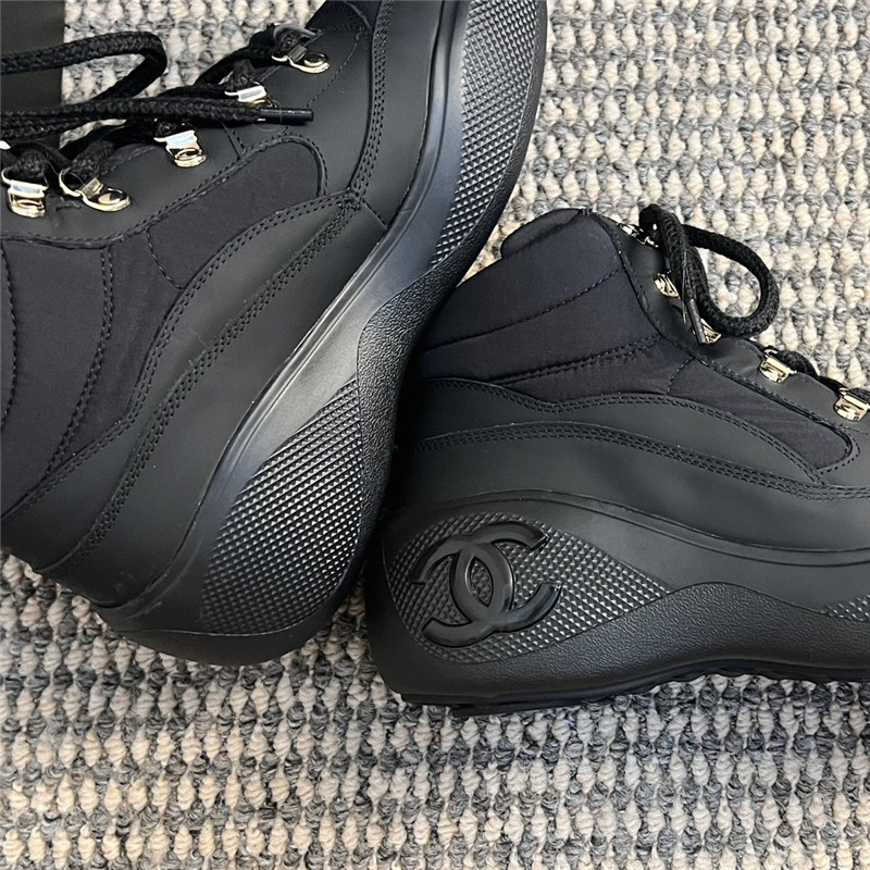 Ch**el black calfskin nylon lace up snow boots