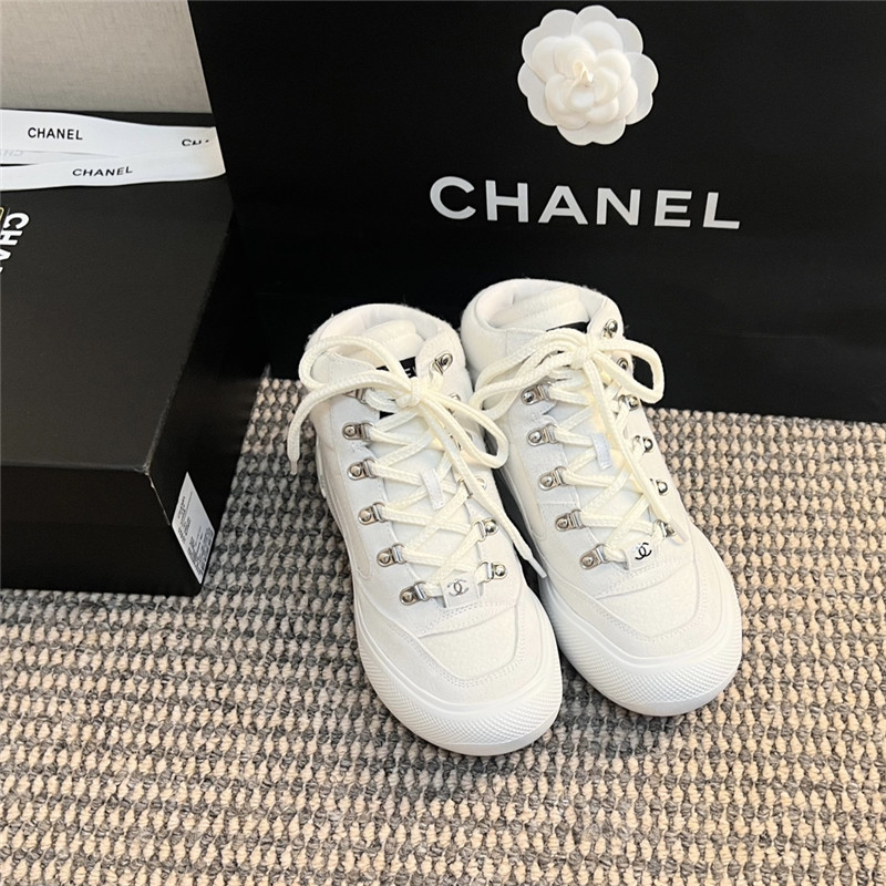 Ch**el white calfskin nylon lace up ankle snow boots