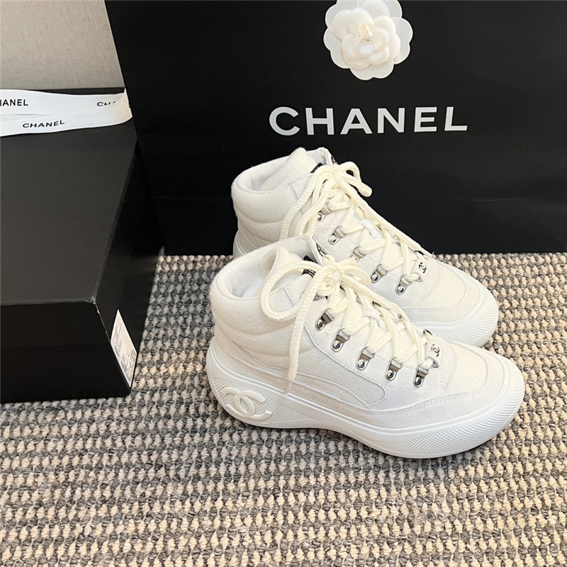 Ch**el white calfskin nylon lace up ankle snow boots
