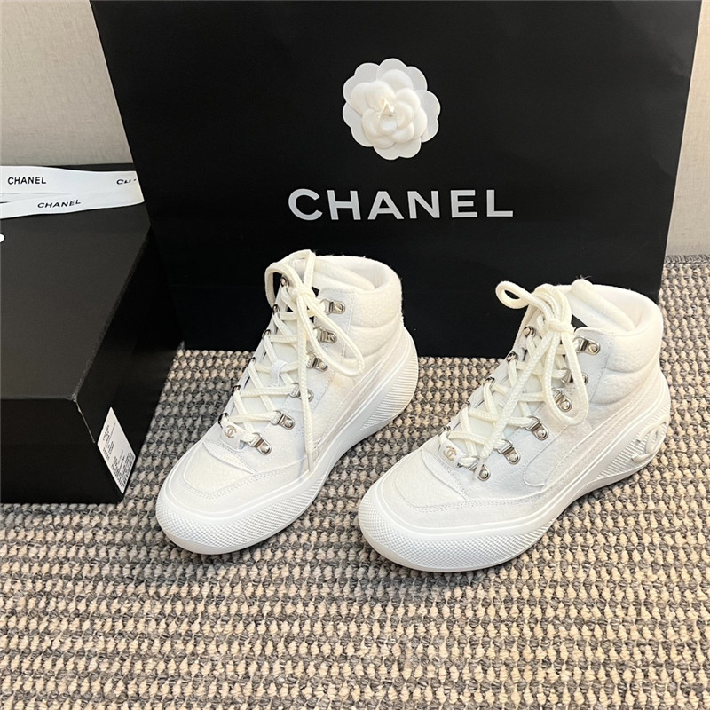 Ch**el white calfskin nylon lace up ankle snow boots