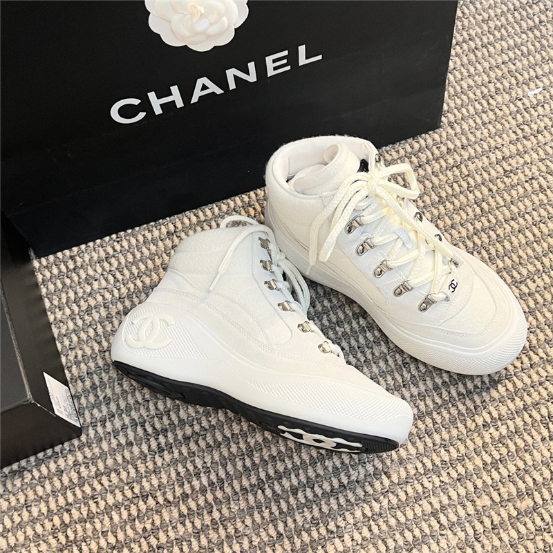 Ch**el white calfskin nylon lace up ankle snow boots