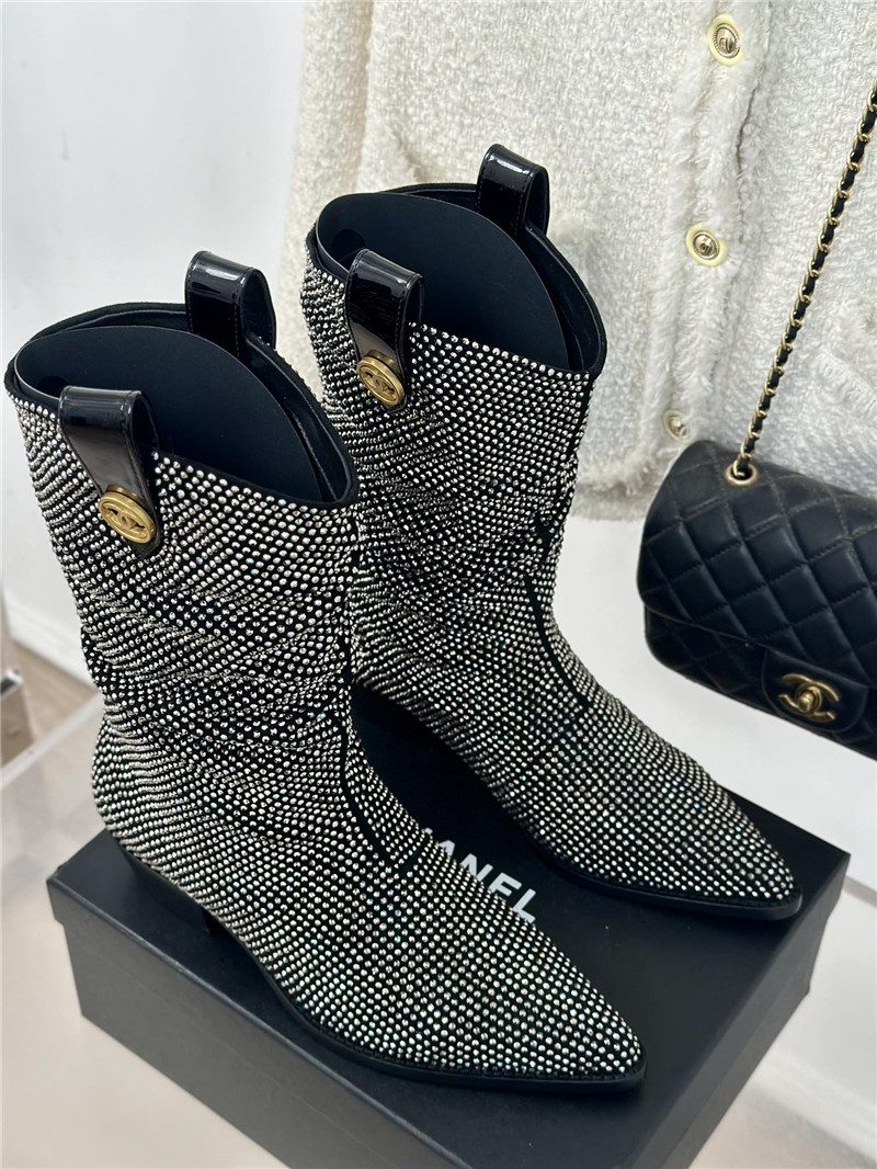 Ch**el black pointed toe rhinestone block ankle boots
