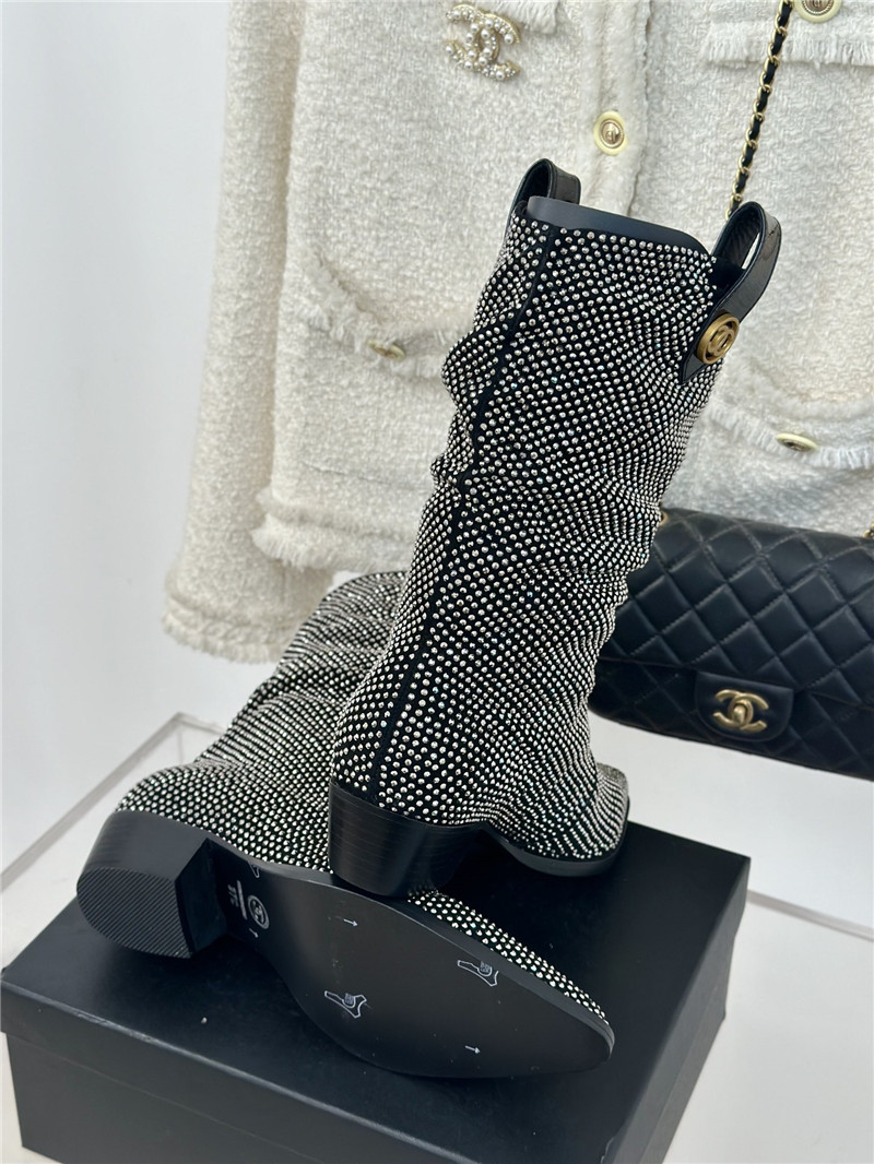 Ch**el black pointed toe rhinestone block ankle boots