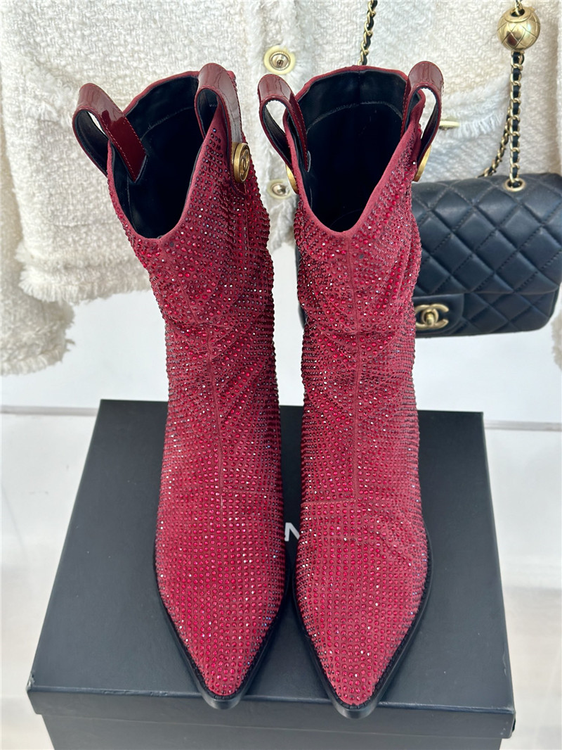 Ch**el pointed toe rhinestone block heel ankle boots