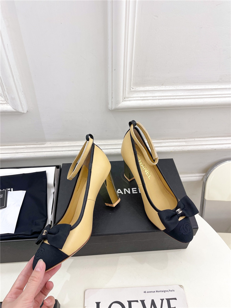 Ch**el bow mary jane heel pumps in beige calfskin