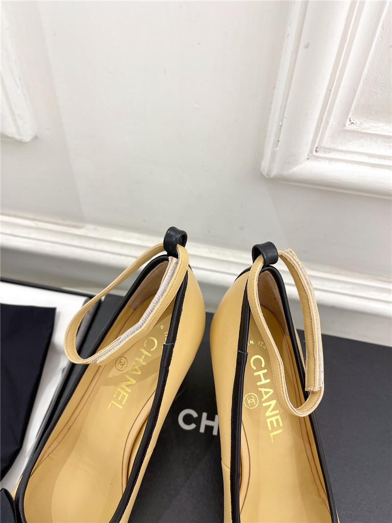 Ch**el bow mary jane heel pumps in beige calfskin