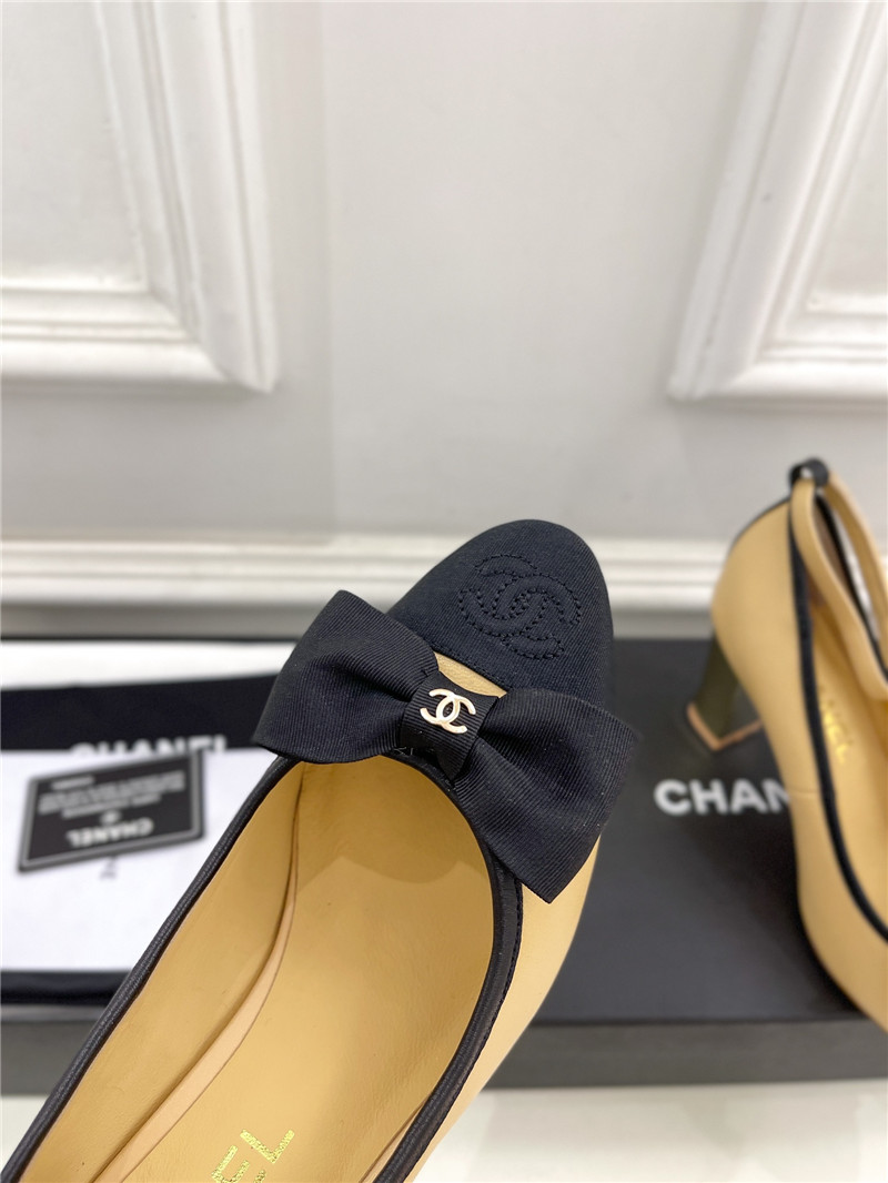 Ch**el bow mary jane heel pumps in beige calfskin