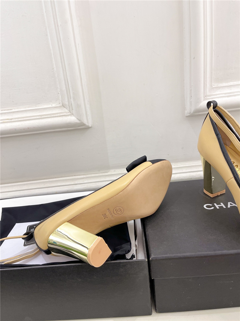 Ch**el bow mary jane heel pumps in beige calfskin